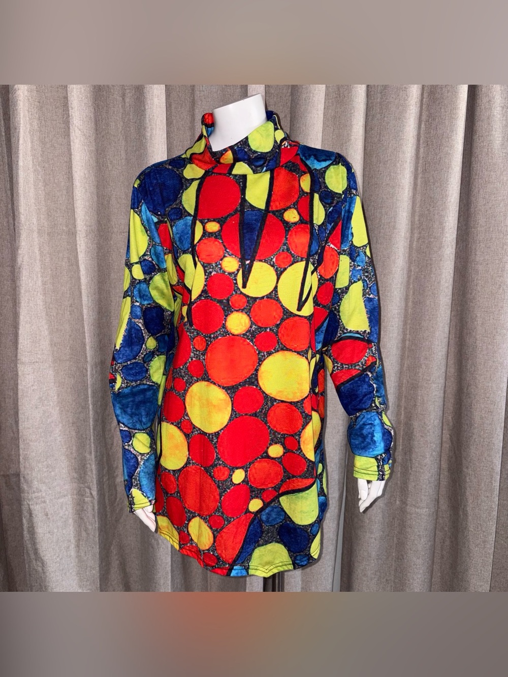 Colorful scoop neck Abstract Print  Long-Sleeve sweater/dress- Red/Blue/Yellow